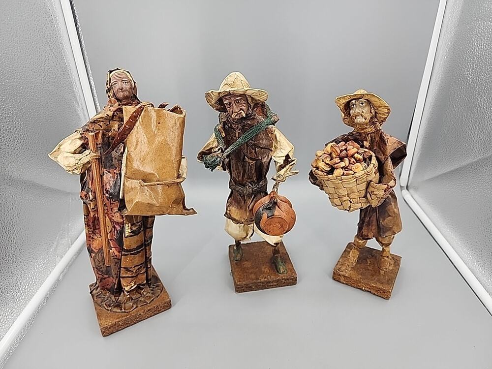 Mexican Art Hand Made Paper Mache Figurine Village People Lot Of 3 Vintage